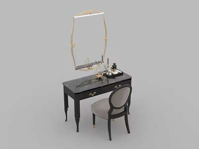 Elegant Black Dressing Table With Gold Accents Mirror And Grey Chair 3d model