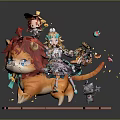 Anime Game Characters With Red Haired Blue Eyes Cat Girl Small Figures And Colorful Elements On Yellow Blocks