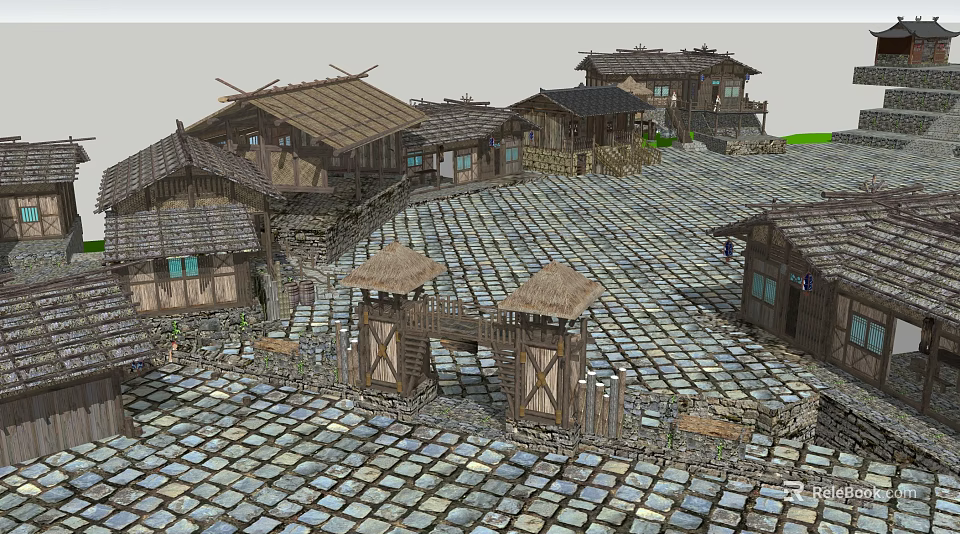 Traditional Village Scene Featuring Thatched Roof Houses Wooden Gates And Stone Paved Ground 3d model 