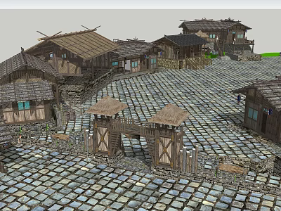 Traditional Village Scene Featuring Thatched Roof Houses Wooden Gates And Stone Paved Ground 3d model