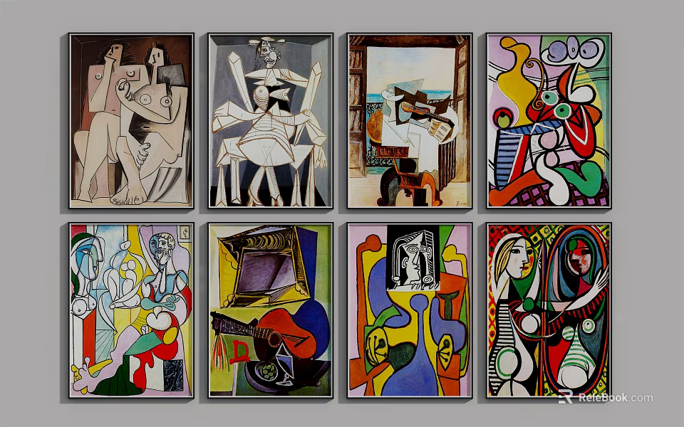 Eight Colorful Abstract Paintings with Vibrant Shapes and Artistic Abstract Designs 3d model 