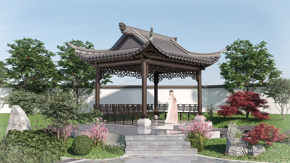 Traditional Chinese Style Pavilion Garden Scene With Stone Steps Green Plants And Flowers 3d model 