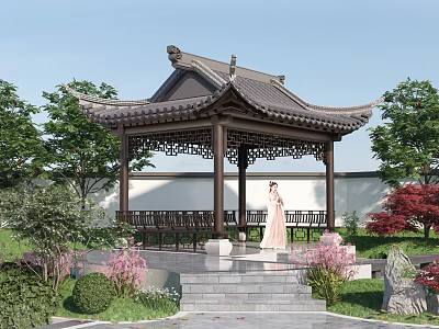 Traditional Chinese Style Pavilion Garden Scene With Stone Steps Green Plants And Flowers 3d model