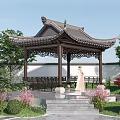 Traditional Chinese Style Pavilion Garden Scene With Stone Steps Green Plants And Flowers