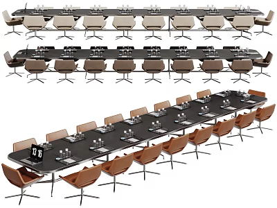 Modern Conference Table With Black Tabletop Brown Chairs And Glassware For Meetings 3d model