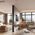 Modern Hotel Guest Room Interior With Comfortable Bed Sofa Work Desk And City View
