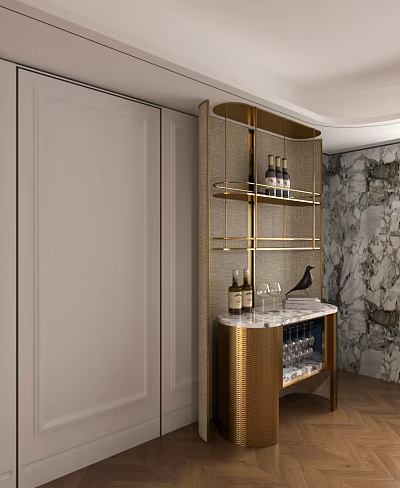 Luxury Gold Frame Sideboard With Marble Countertop And Wine Storage Shelves 3d model