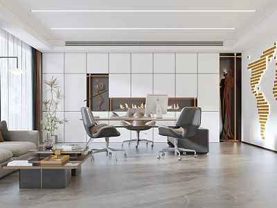 Modern Office Interior Open Layout With White Walls Gray Sofa Desk Chairs And Plants 3d model