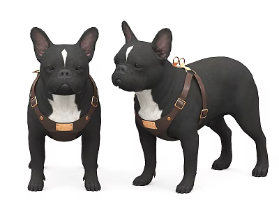 Two Black French Bulldogs Wearing Brown Leather Harnesses Standing Side By Side 3d model