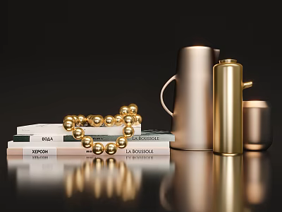 Elegant Gold Beads And Metal Decor Set With Books For Modern Home 3d model