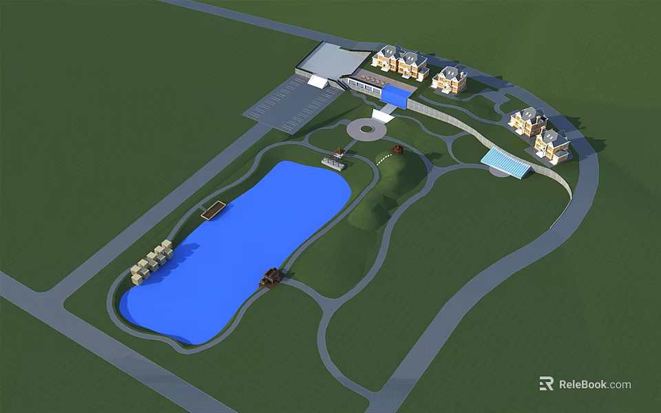 Detached Villa With Large Blue Lake And Green Landscape Surrounding Gardens 3d model 