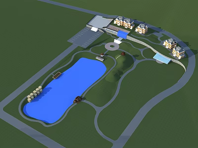 Detached Villa With Large Blue Lake And Green Landscape Surrounding Gardens 3d model