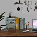 Green Metal Bookshelf in Home Office with Books Files Laptop Coffee Cup Pencils and Plant