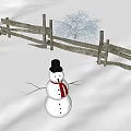 Snowman With Black Hat And Red Scarf In Snowy Yard With Wooden Fence