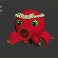 Red Octopus Plush Toy With Green Eyes Open Mouth And White Headband On Dark Background
