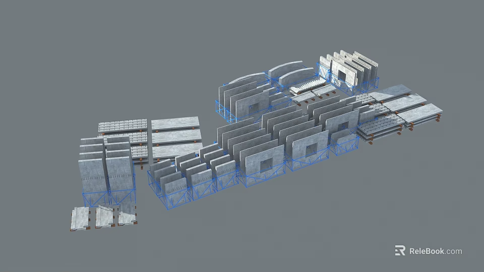 3D Model of Modular Construction Components with Blue Frame and Gray White Modules 3d model 