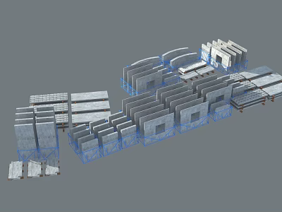 3D Model of Modular Construction Components with Blue Frame and Gray White Modules 3d model