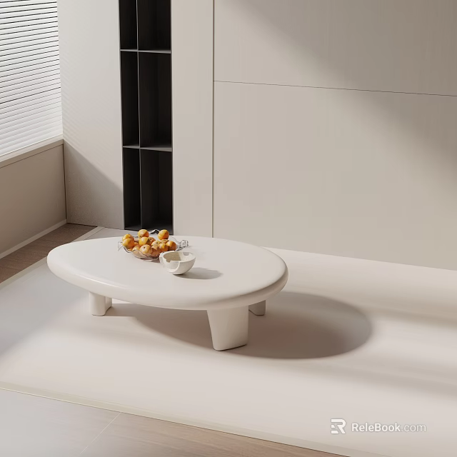 Bright Modern White Sofa and Coffee Table Set with Round Coffee Table Fruit Platter and Cup 3d model