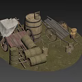 Wooden Barrel Trolley Straw Bale Ancient Architecture Japanese Architecture Tower Japanese Architecture Japanese House Carriage 3d model