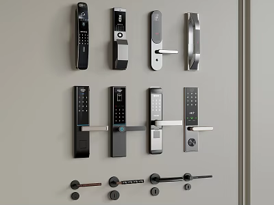 Various Modern And Traditional Door Locks In Different Styles On Display Wall 3d model