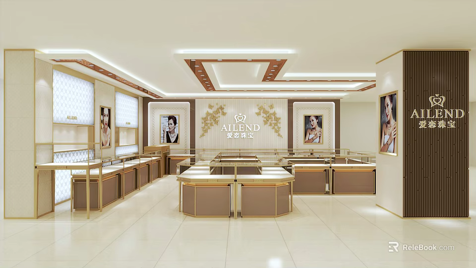 Elegant Luxury Jewelry Store Interior With Golden Display Cases Bright Lighting And Marble Counters 3d model 