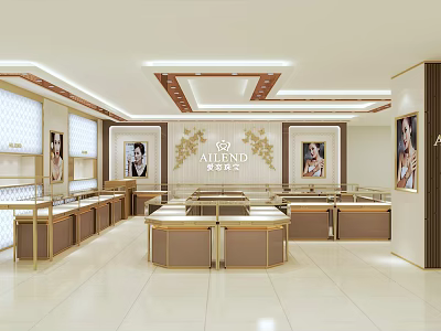 Elegant Luxury Jewelry Store Interior With Golden Display Cases Bright Lighting And Marble Counters 3d model