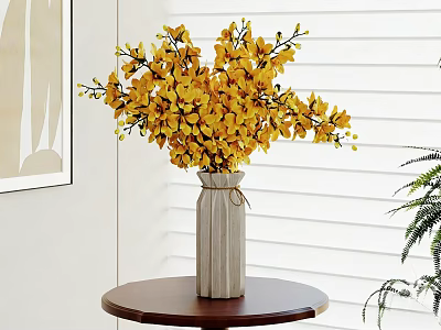 Yellow Flowers Arrangement in White Striped Vase on Round Brown Table with Window Blinds 3d model