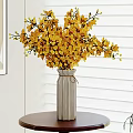 Yellow Flowers Arrangement in White Striped Vase on Round Brown Table with Window Blinds