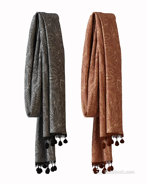 Gray and Brown Scarves with Intricate Paisley Patterns and Tassel Details 3d model 