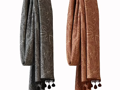 Gray and Brown Scarves with Intricate Paisley Patterns and Tassel Details 3d model