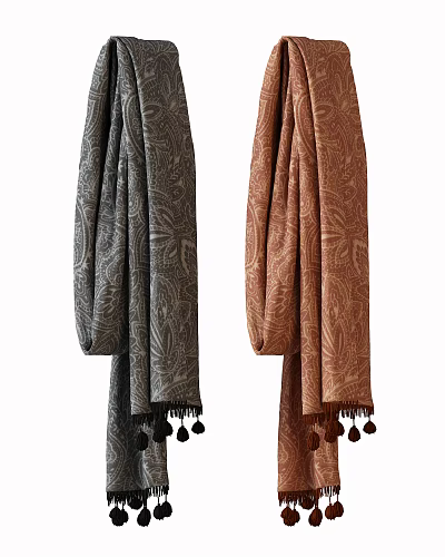 Gray and Brown Scarves with Intricate Paisley Patterns and Tassel Details 3d model