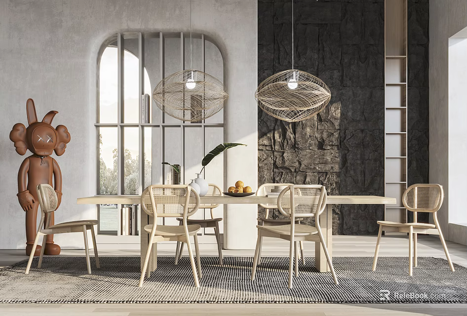 Modern Light Wood Dining Table Set With Chairs Woven Pendant Lights And Arched Window 3d model 