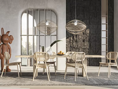 Modern Light Wood Dining Table Set With Chairs Woven Pendant Lights And Arched Window 3d model