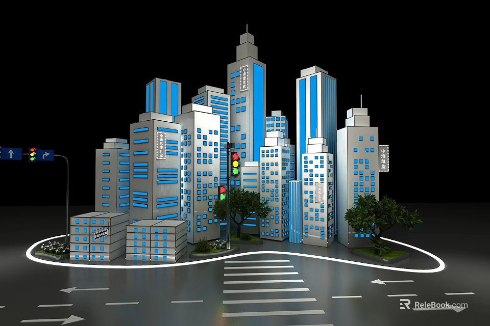 Modern Urban Cityscape With Tall Buildings Traffic Lights Trees And Crosswalk 3d model 