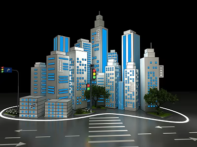 Modern Urban Cityscape With Tall Buildings Traffic Lights Trees And Crosswalk 3d model