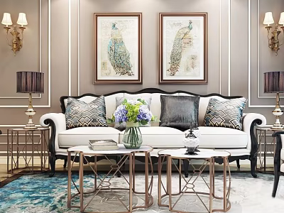 Elegant White Three Seater Sofa With Decorative Pillows Metal Coffee Tables And Wall Art 3d model