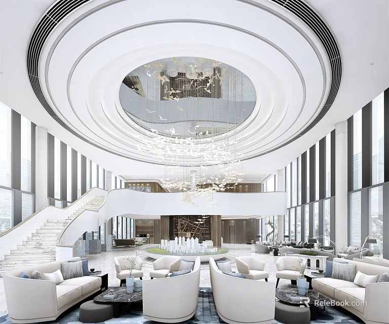 Luxurious Modern Sales Office Interior With Circular Ceiling Grand Chandelier And White Sofas 3d model 