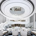 Luxurious Modern Sales Office Interior With Circular Ceiling Grand Chandelier And White Sofas