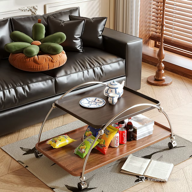 Modern Two Tiered Coffee Table with Teapot Plate Snacks Drinks in Living Room 3d model 