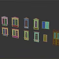 Various Window and Door Models with Decorative Pink Tops and Brown Door on Dark Background