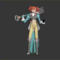 Game Movie Character With Red Hair Blue Coat Holding Fork Weapon Design