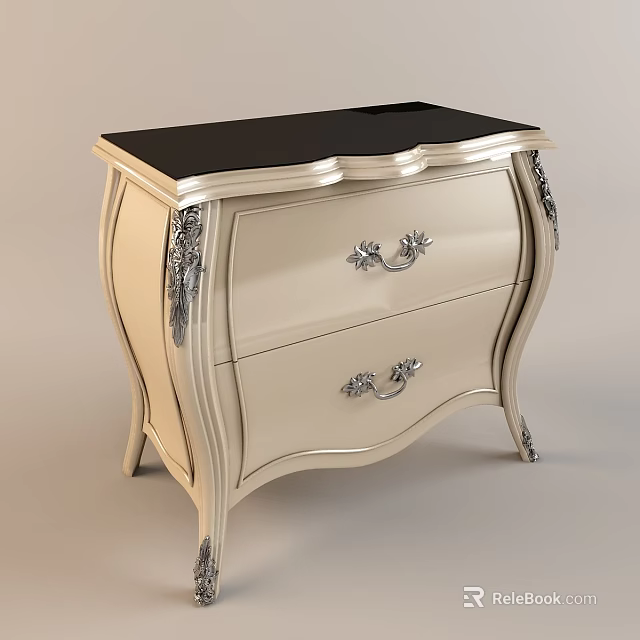 Elegant Ivory Bedside Table With Black Top Two Drawers And Silver Ornate Handles 3d model 