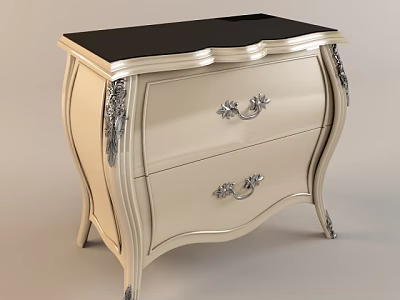Elegant Ivory Bedside Table With Black Top Two Drawers And Silver Ornate Handles 3d model
