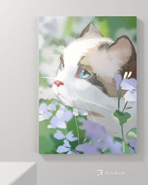 Watercolor Cat Portrait Painting With Blue Eyes White Brown Fur And Purple White Flowers 3d model 