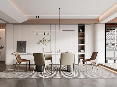 Modern Restaurant Interior With Dining Table Chairs Pendant Lights And Plant Decor 3d model