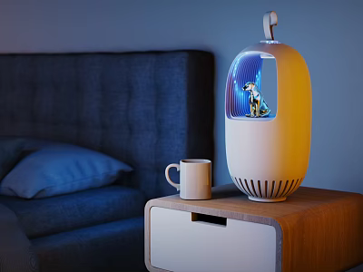 Modern Table Lamp on Bedroom Bedside Table with White Mug Elegant Warm Light Illumination 3d model
