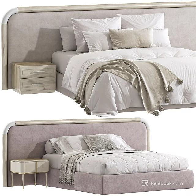 Modern Bedroom Bed Design With Upholstered Headboard Pillows Blanket And Nightstand 3d model 