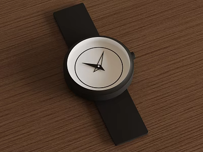 Minimalist Wristwatch With Black Strap White Dial And Black Hands On Wooden Surface 3d model