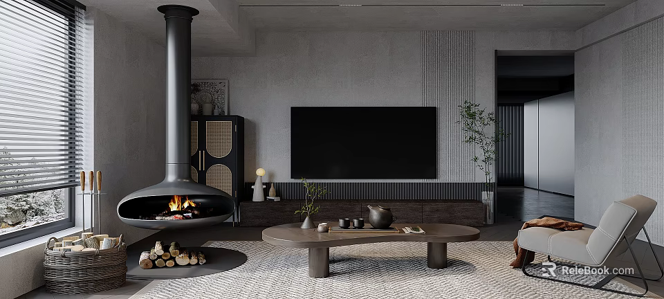 Modern Dining and Living Room Interior Design With Black Fireplace TV and Wooden Coffee Table 3d model 