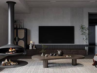 Modern Dining and Living Room Interior Design With Black Fireplace TV and Wooden Coffee Table 3d model